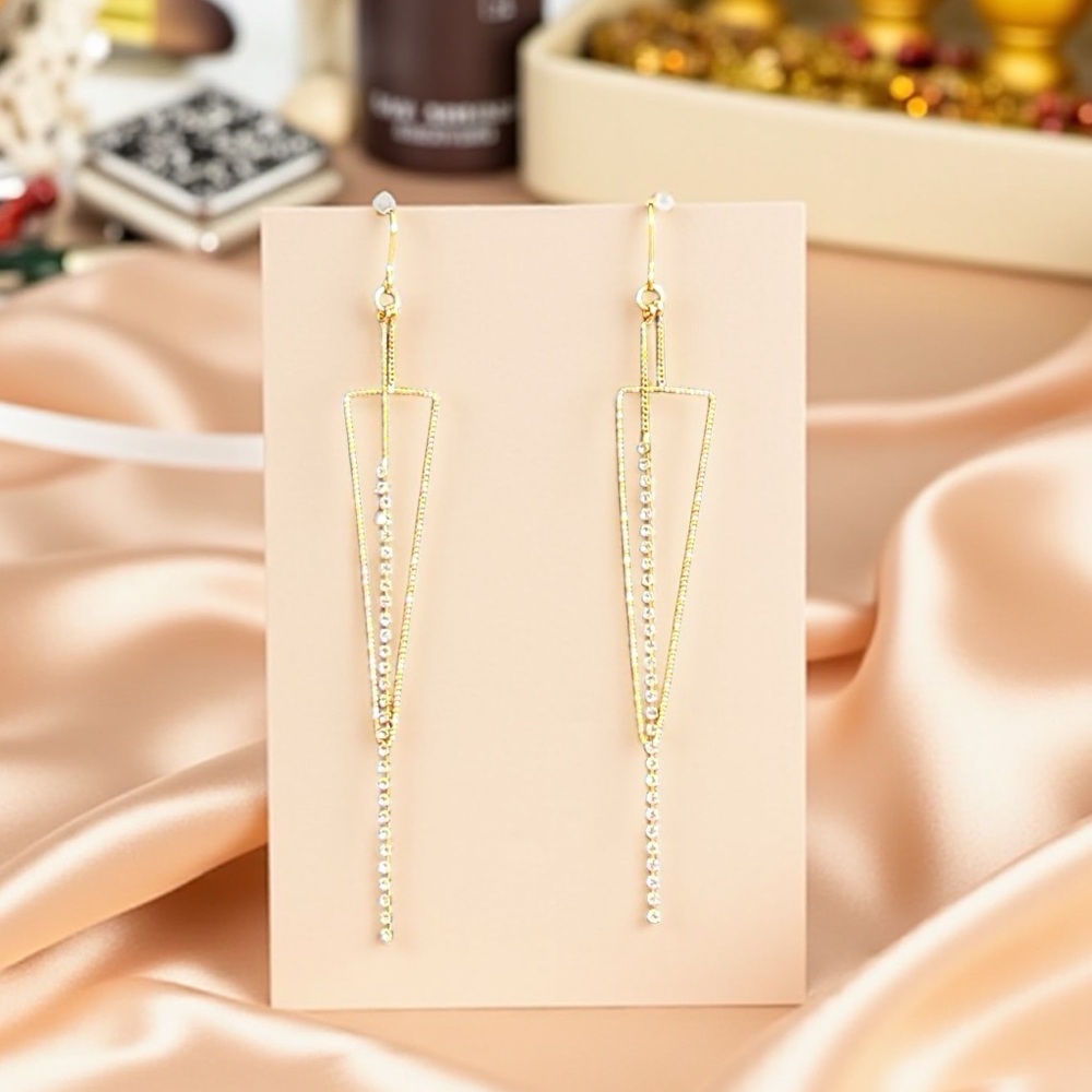 Gold Triangle Dangle Earrings/ Rhinestones - Picture 2 of 4